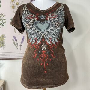 90s Y2k Angel Wing Embellished Tee Grunge Trashy McBling Rockstar Girlfriend M